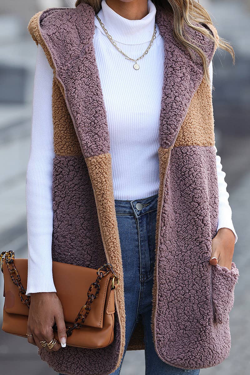 WOMEN SLEEVELESS COLOR BLOCK HOODIE FLEECE JACKET_CWOJA0642