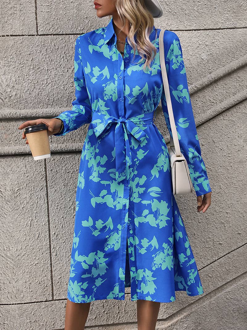 Printed lapel shirt dress