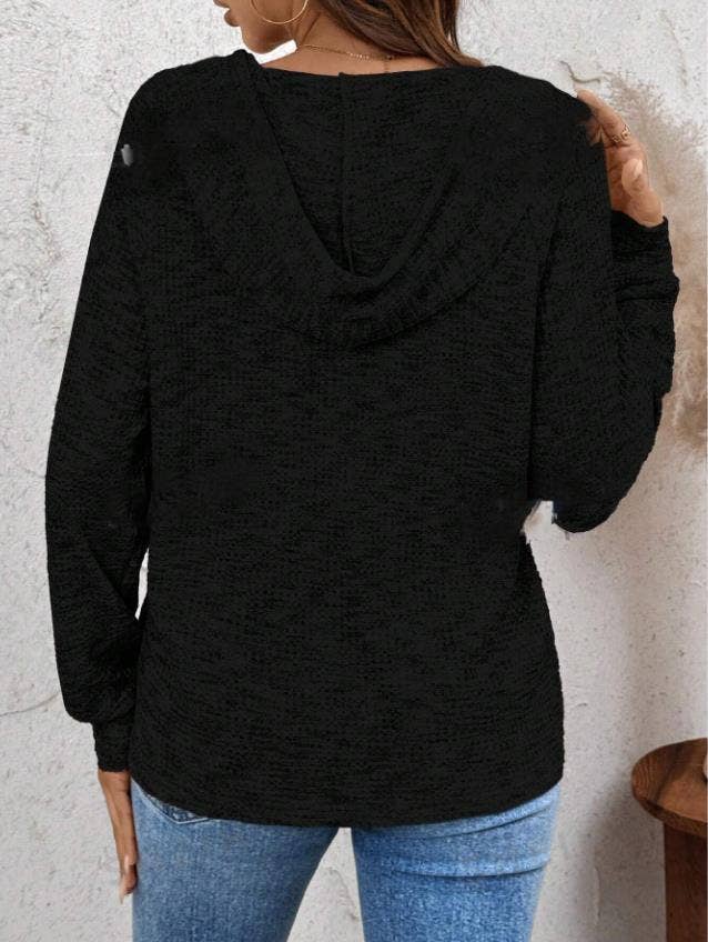 WAFFLE BUTTON-UP HOODIE LOOSE LONG-SLEEVED HOODIE