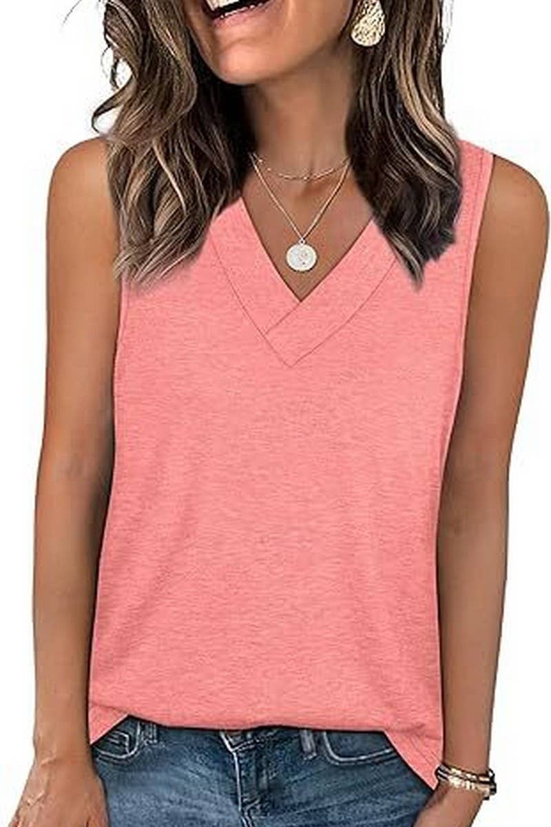 Cwtblsl0908_Solid V-Neck Sleeveless Casual Tank Top