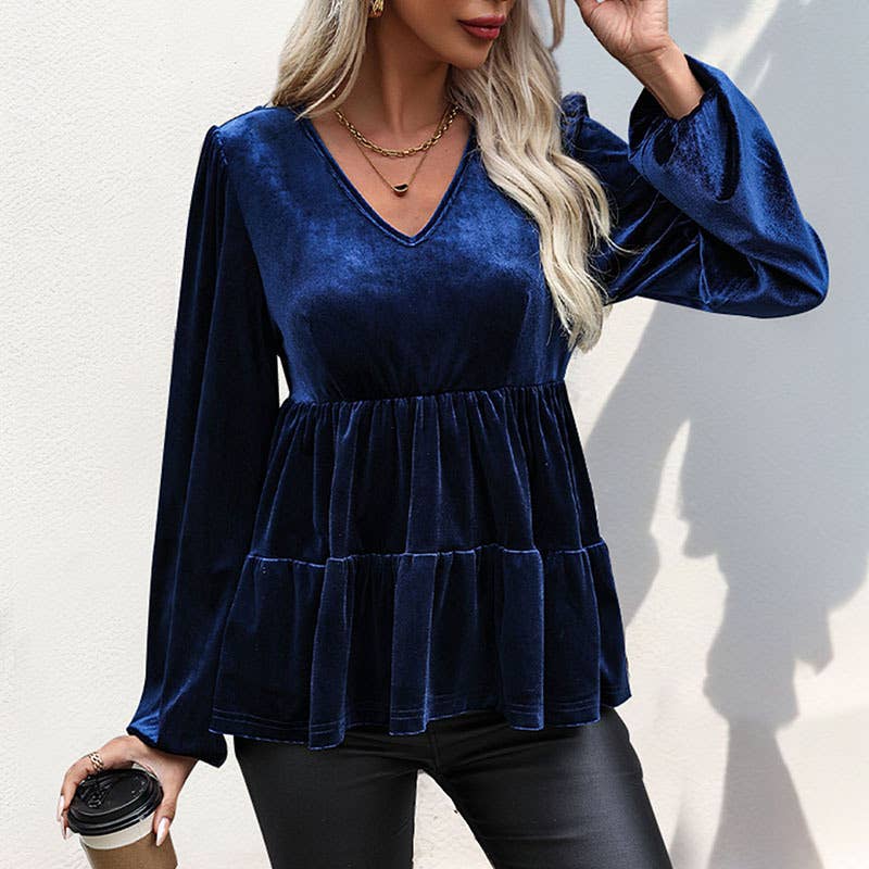STYLISH VELVET PULLOVER WITH RUFFLED V-NECK