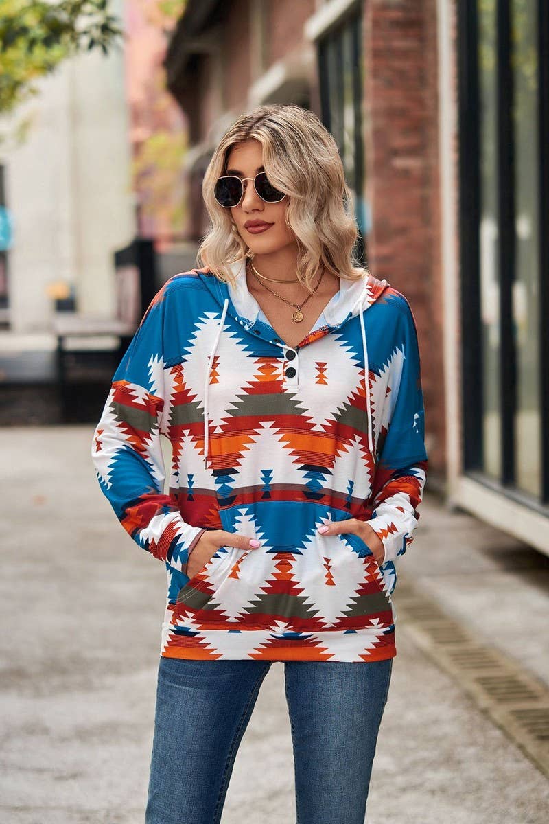WOMEN AZTEC PRINTING DRAWSTRING WESTERN HOODIE_CWOHOL0177