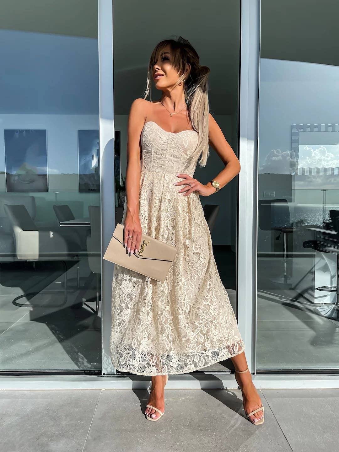 SEXY BREAST WRAP LACE LONG SOLID COLOR DRESS