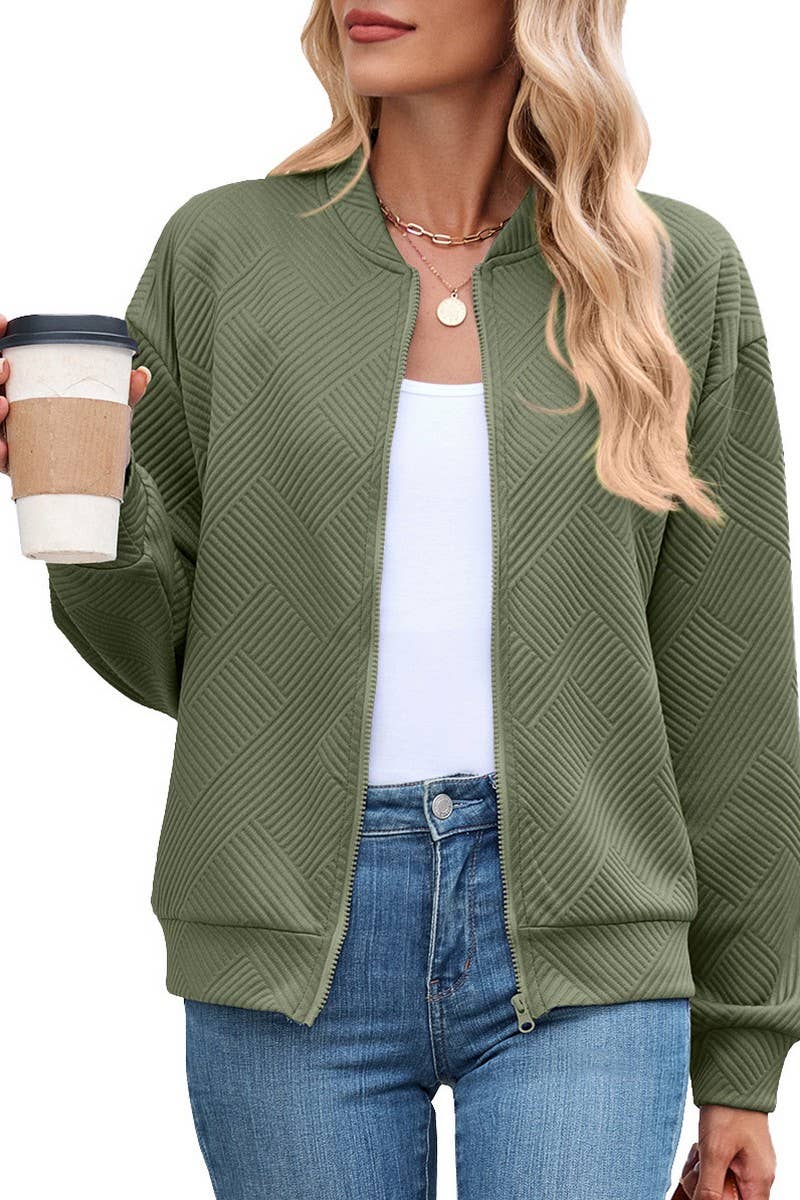 CWOCO00238_SOLID ZIP UP LONG SLEEVE CASUAL BOMBER JACKET