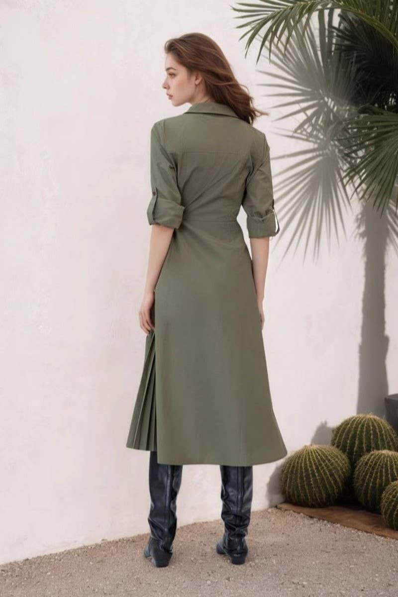 CWDMD6329_V-NECK LONG-SLEEVED SLIM WAIST SHIRT DRESS