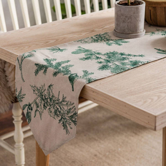 GREEN PINE CONE PRINTED FABRIC LONG TABLECLOTH