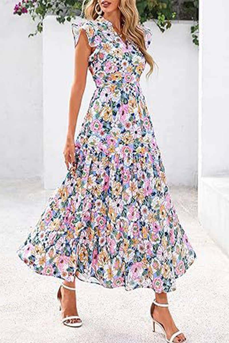CWDMD6342_V-NECK PLEATED FLYING SLEEVES PRINTED MIDI DRESS