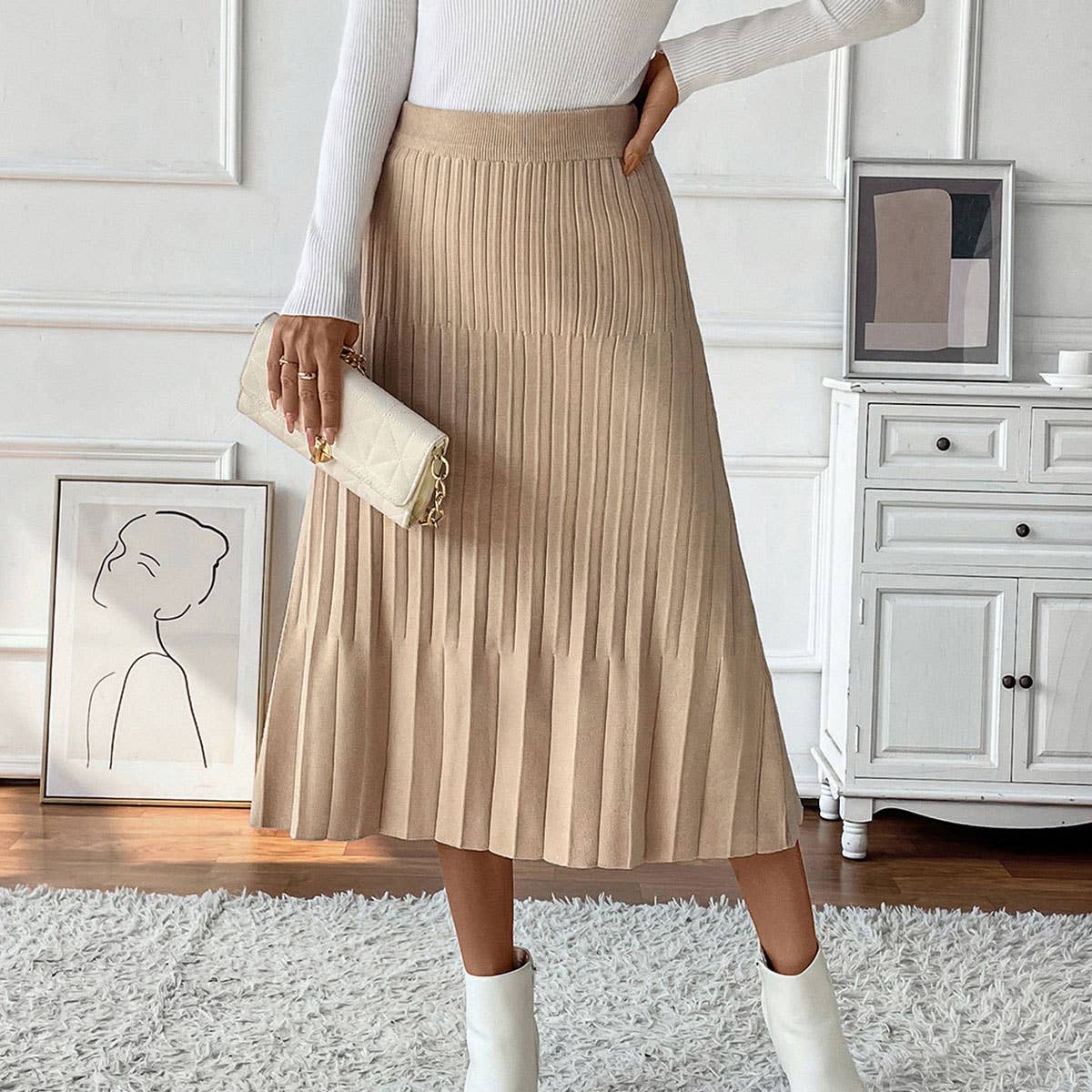 TEMPERAMENT COMMUTER PLEATED SOLID COLOR SKIRT