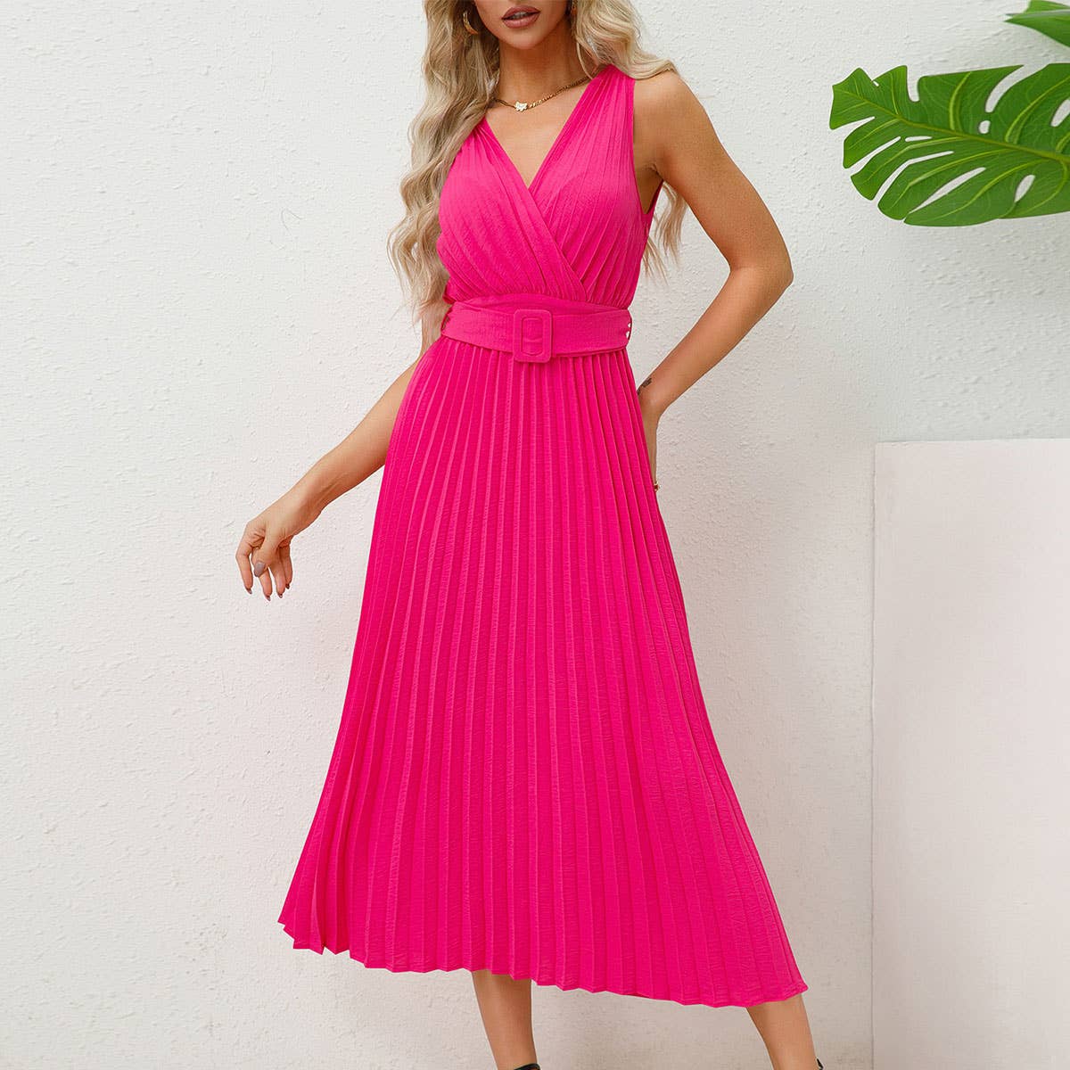 V-Neck Pleated Belted Bodycon Midi Dress