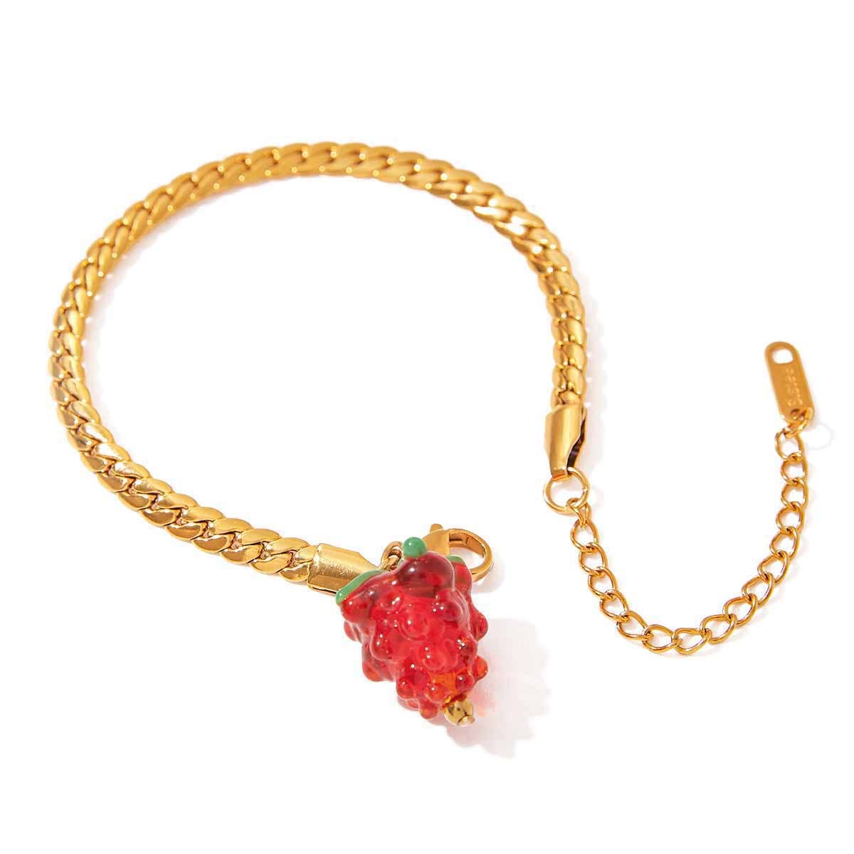 Elegant 18K Gold Flat Chain with Red Glass Charm