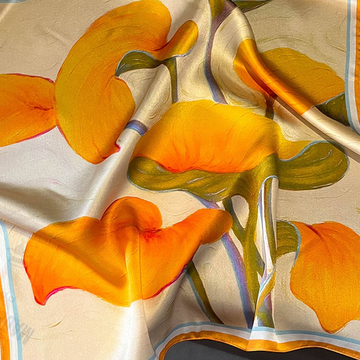 Silk Ribbon Scarf - Orange Floral Long Neck Wrap
