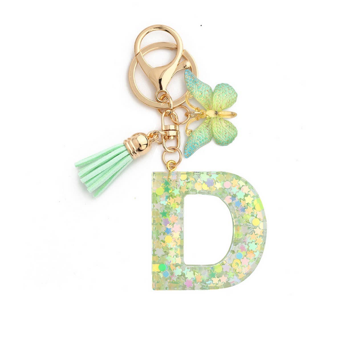 Green Butterfly Resin Letter Keychain with Glitter_CWAB5079