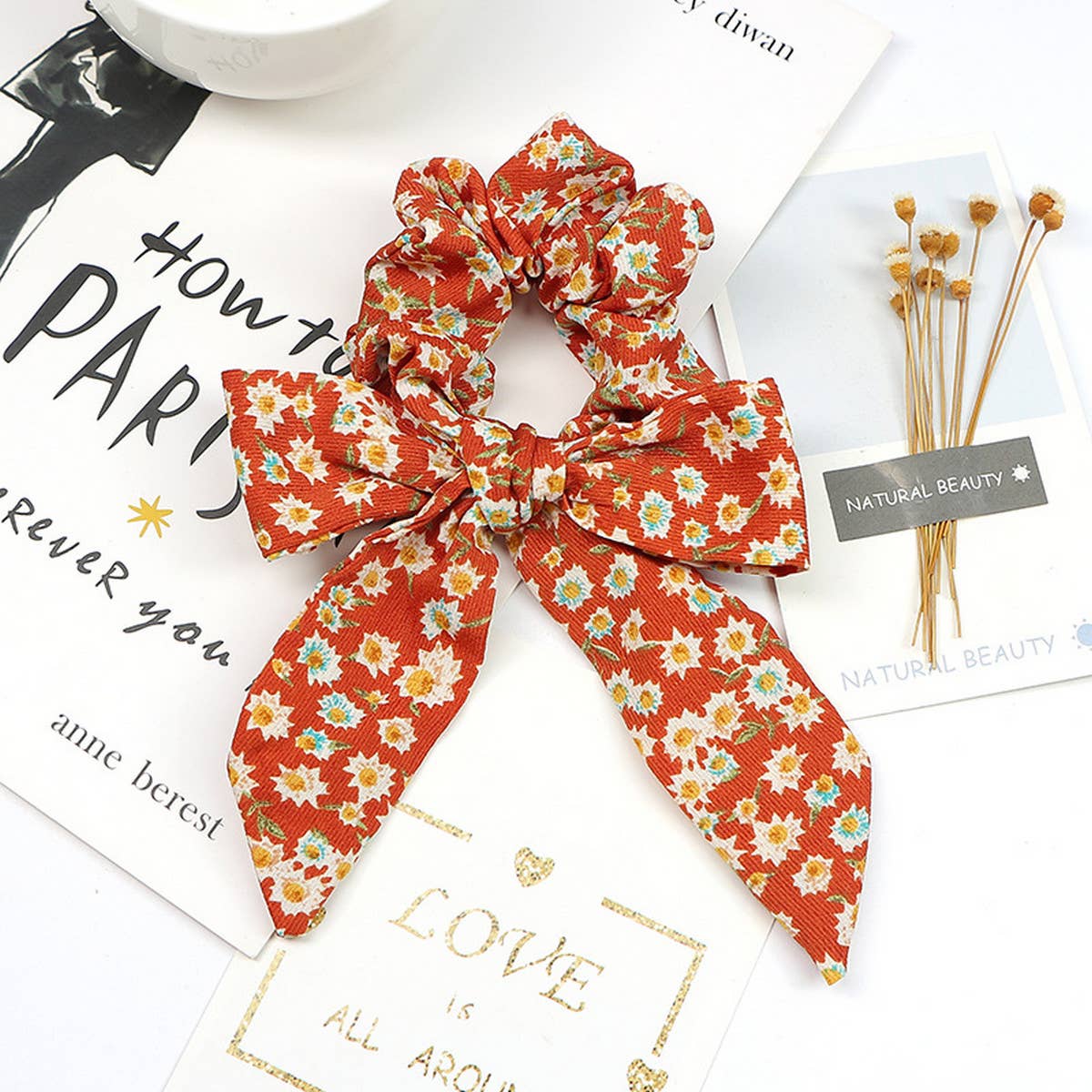 SIMPLE PRINTED RIBBON BOW HAIR TIE_CWAHA1067