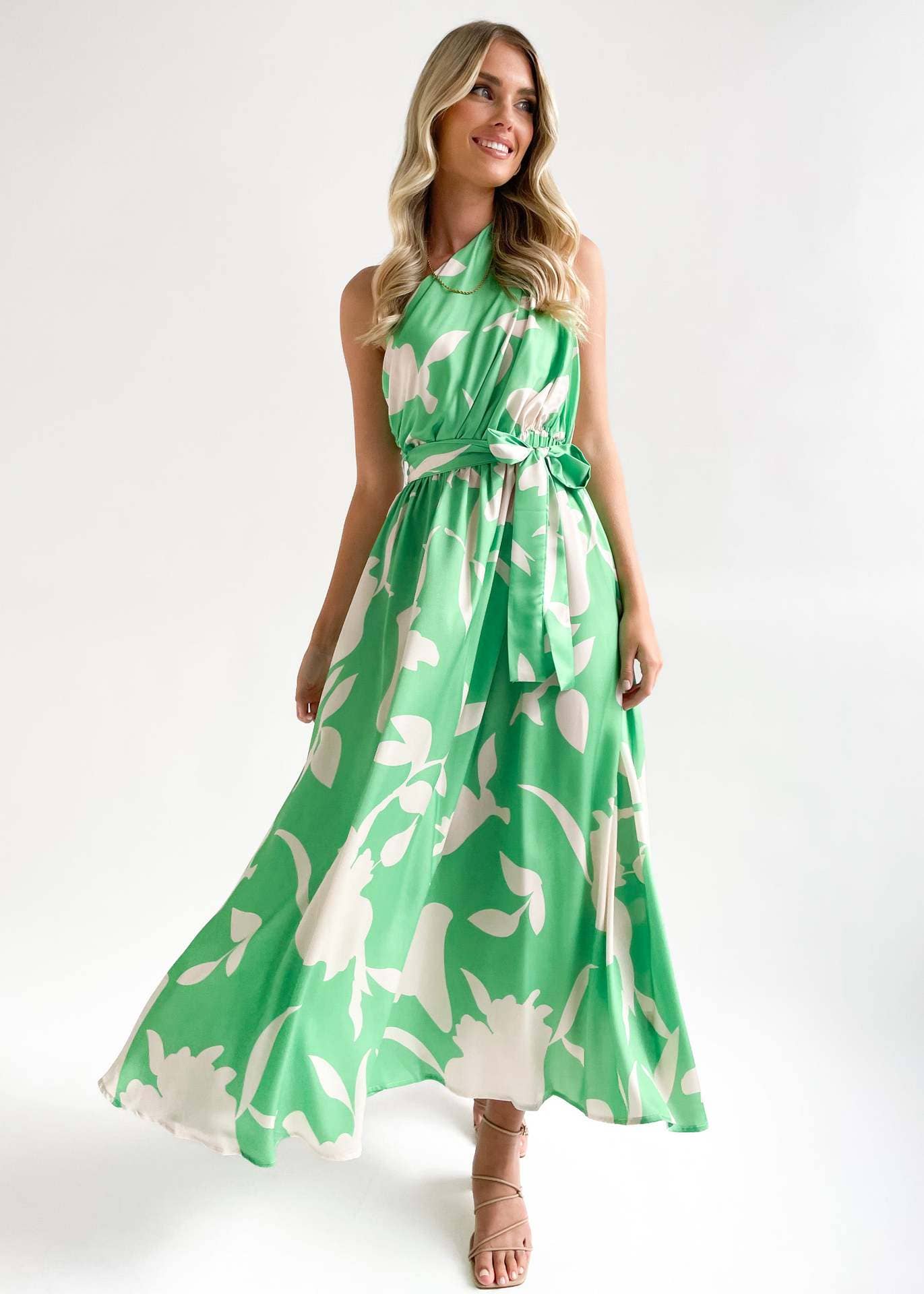 SEXY WAISTLINE PRINT SKEW COLLAR TUNIC DRESS