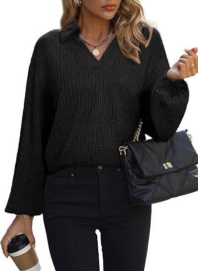 SOLID COLOR LAPEL LOOSE LONG-SLEEVED POLO SHIRT