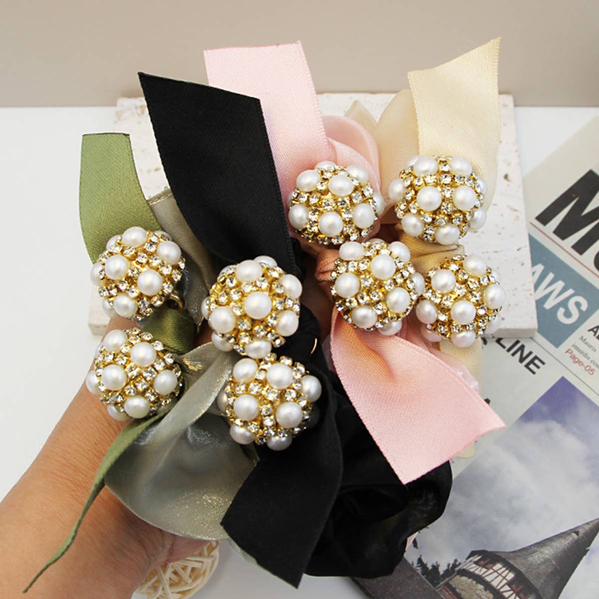 FASHION RHINESTONE PEARL BOW HAIR TIES_CWAHA0505