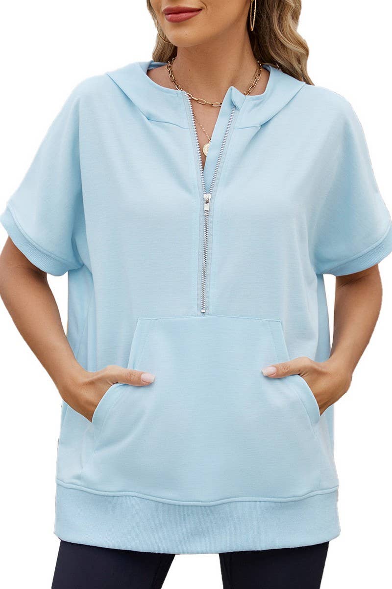 CWOHOS0018_LOOSE FIT ZIPPER SHORT SLEEVE HOODED SWEATSHIRT