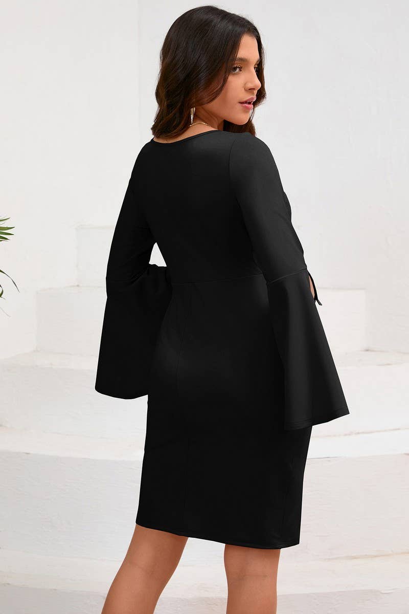 CWDSD6460_SOLID COLOR ROUND NECK TRUMPET SLEEVE HIP DRESS