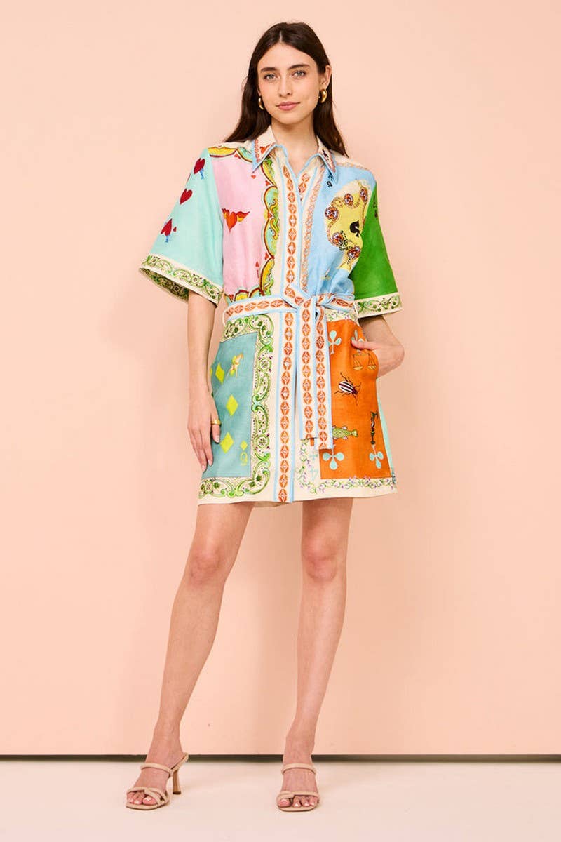 CWDSD8074_ELEGANT FLORAL BELTED COLLAR SHORT SLEEVE DRESS