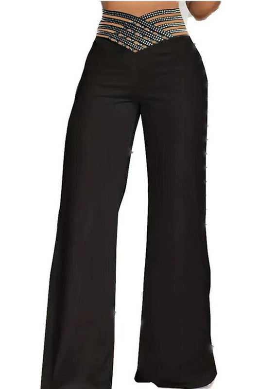 CWBLP1792_SOLID COLOR HOLLOW HOT DIAMOND WIDE-LEG TROUSERS