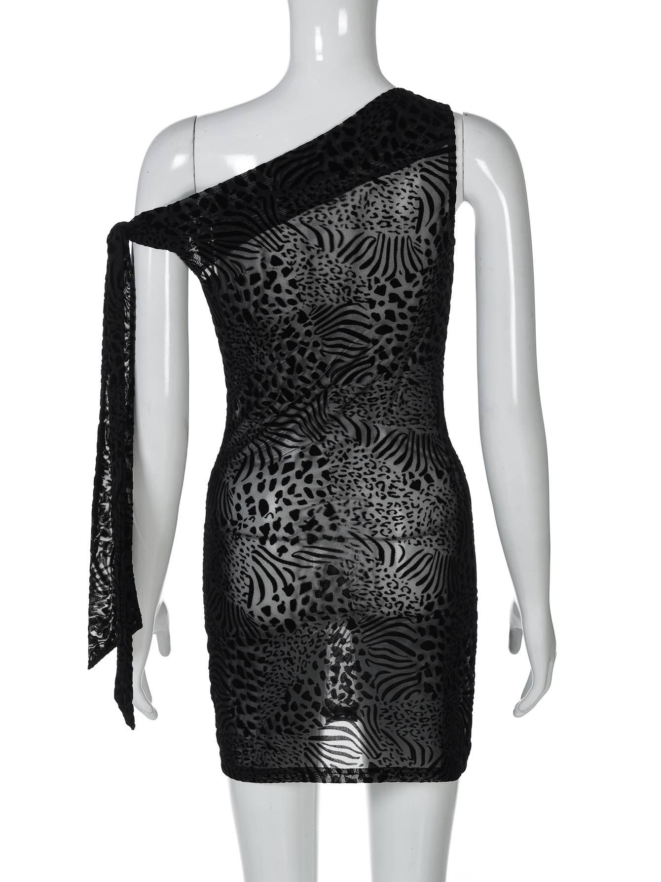 One-shoulder lace see-through body-hugging dress