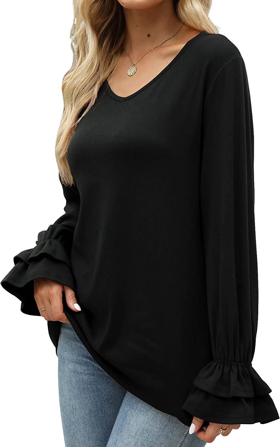 FLARED LONG SLEEVE SOLID COLOR T-SHIRT BLOUSE