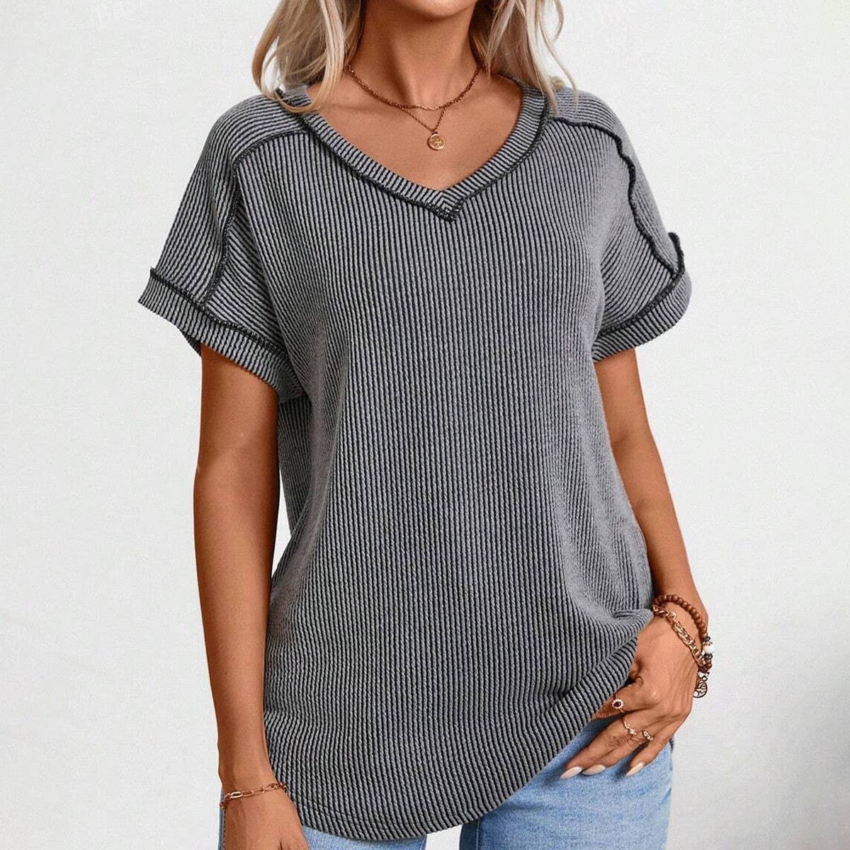 Women¡¯s fashion colorblock twist V-neck tee