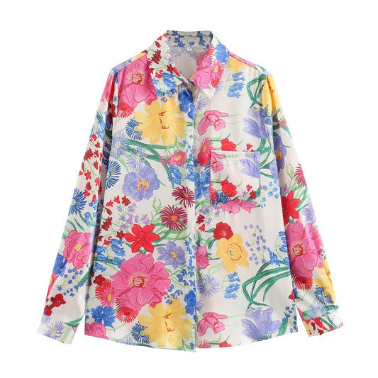 Lapel floral print silk satin textured shirt