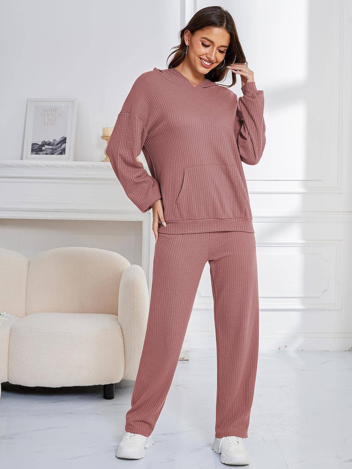 WAFFLE TWO-PIECE LOUNGEWEAR WITH LONG SLEEVES