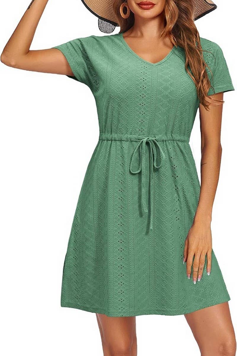 CWDSD8710_EYELET V-NECK CINCHED WAIST BEACH COVER UP DRESS