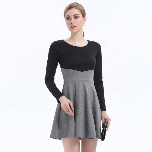 ROUND NECK TEMPERAMENT CONTRAST COLOR SLIM DRESS