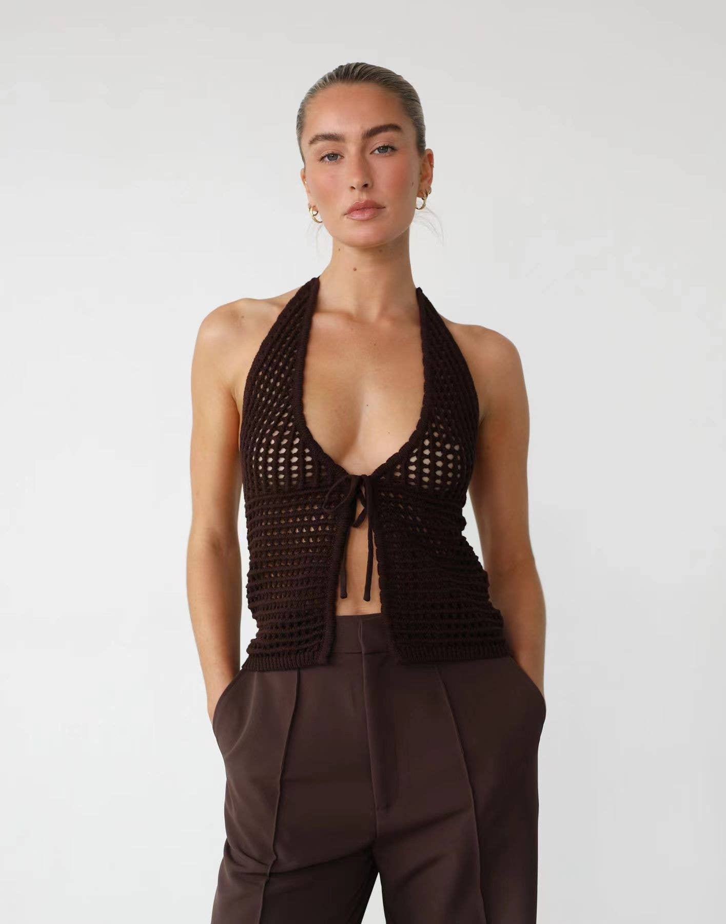 SEXY COMFORTABLE PICK HOLE CARDIGAN HALTER TOP