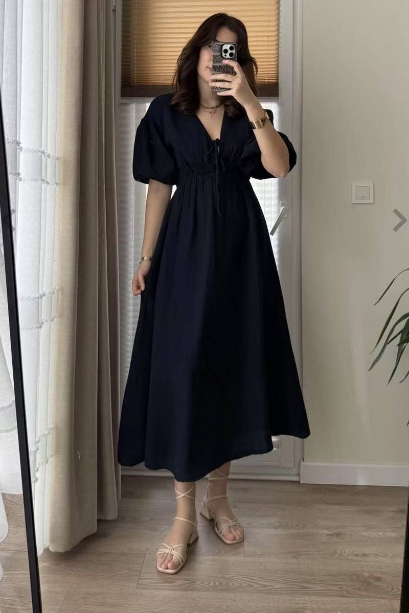 CWDMD5840_V-NECK PUFF SLEEVE SLIM FIT A-LINE DRESS