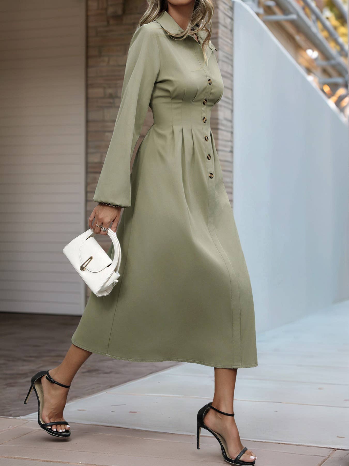 Solid A-line dress with a lapel cinched waist