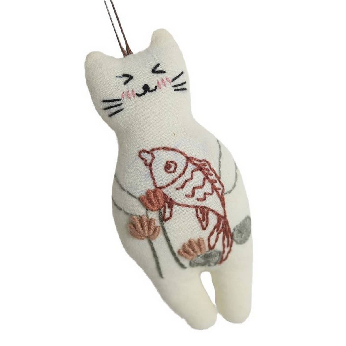 Hand-Embroidered Lotus Fish Cat Plush Charm
