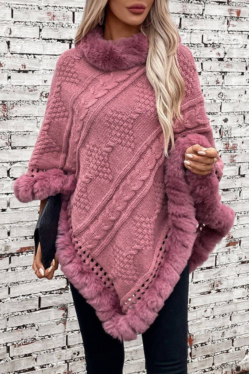 CWOSWS0093_FAUX RABBIT FUR COLLAR CABLE SWEATER CAPE COAT