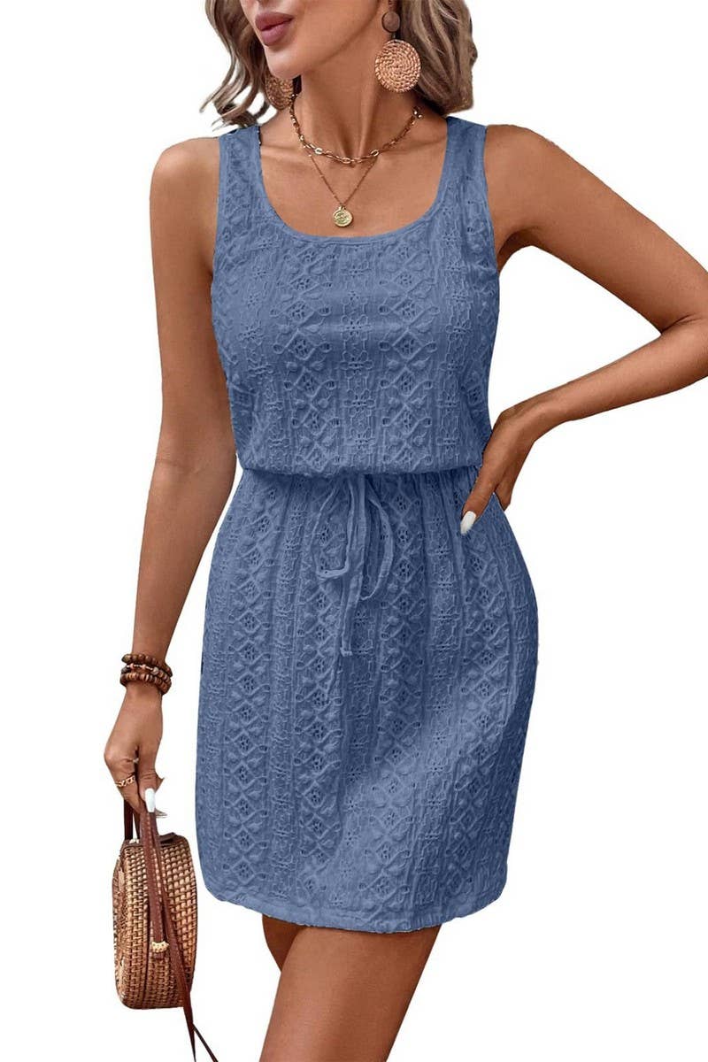 CWDMD4645_SQUARE NECK DRAWSTRING SLEEVELESS DRESS