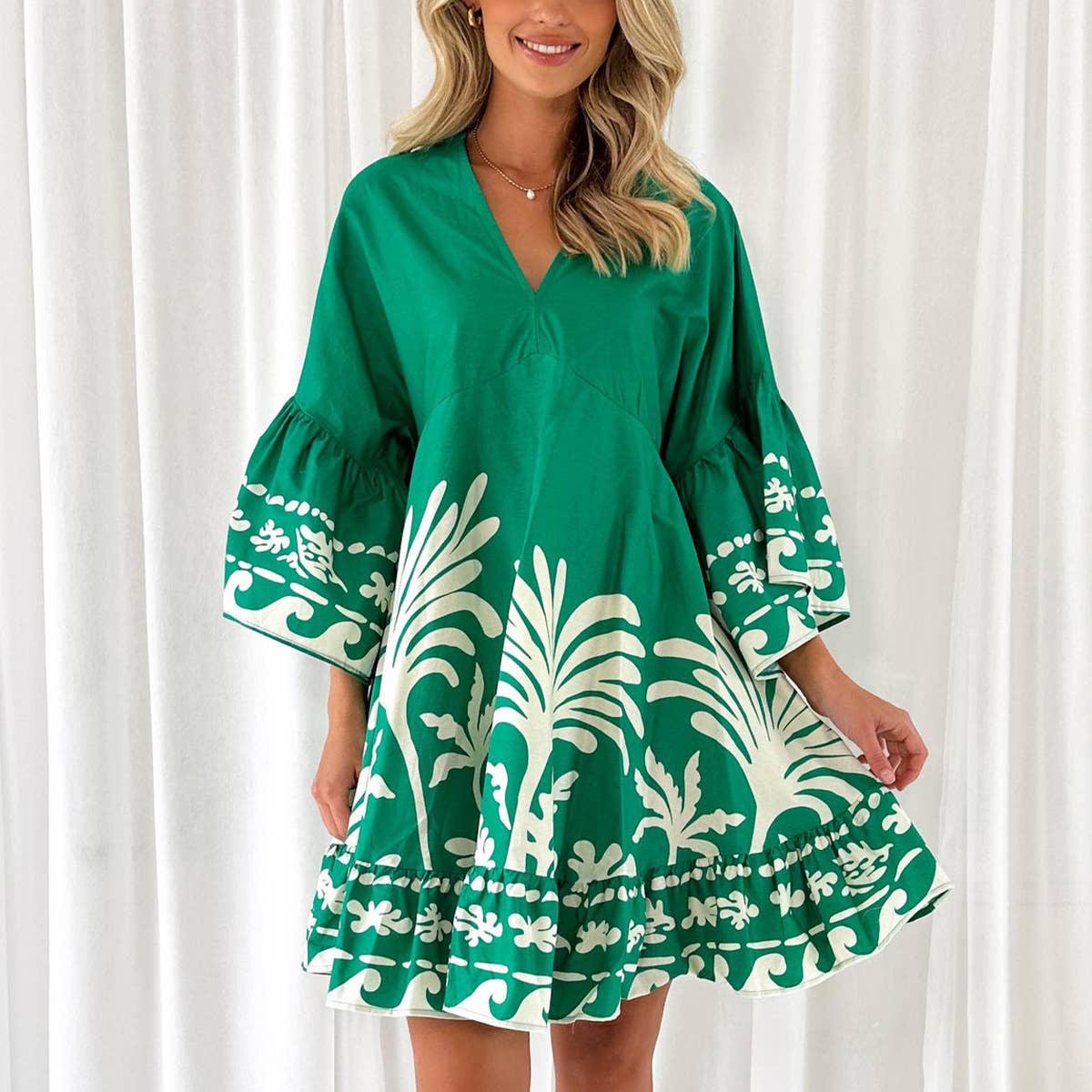 PRINT V-NECK DRESS WITH FLARED SLEEVES