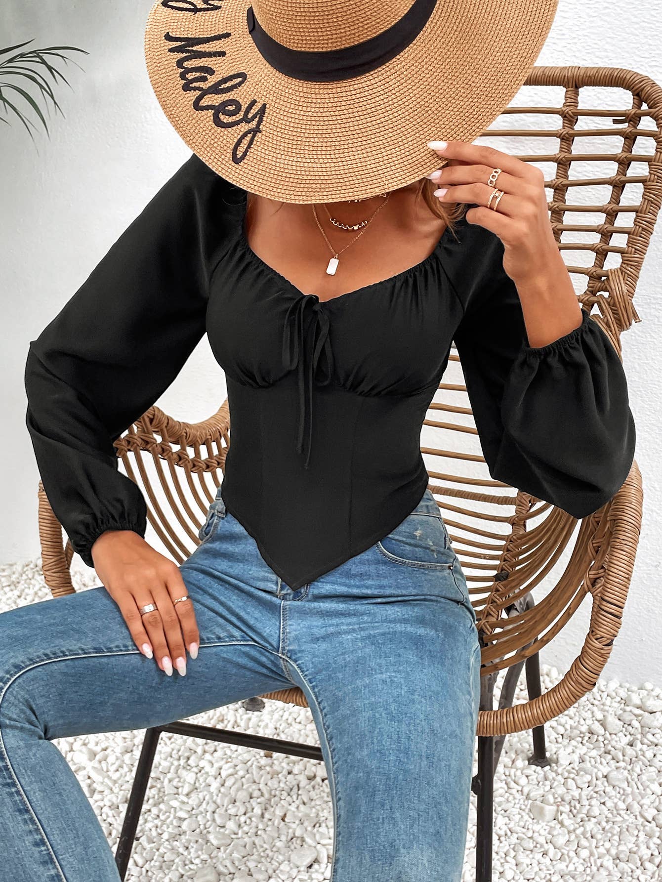 Slimming puffed-sleeve long-sleeved sexy top