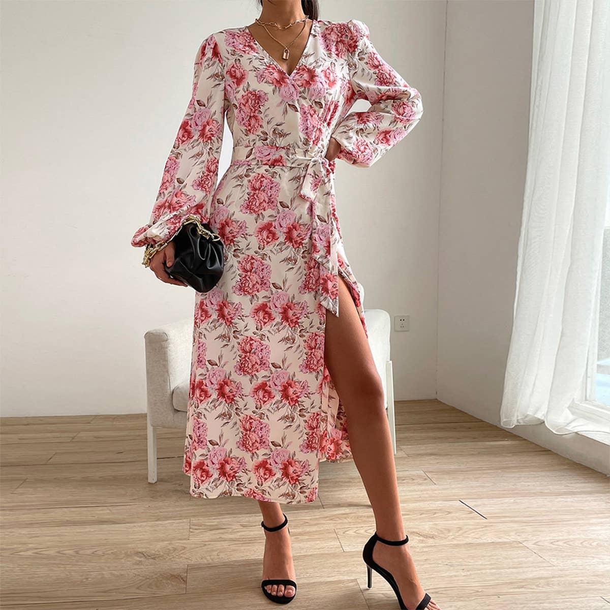 PRINTED LACE-UP WAISTLINE V-NECK SLIT DRESS