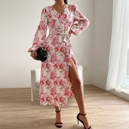 PRINTED LACE-UP WAISTLINE V-NECK SLIT DRESS