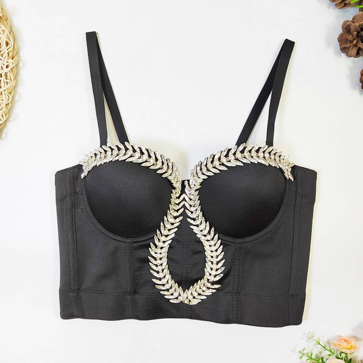 LEAF RHINESTONE HIGH-END HERRINGBONE CORSET_CWMM4178