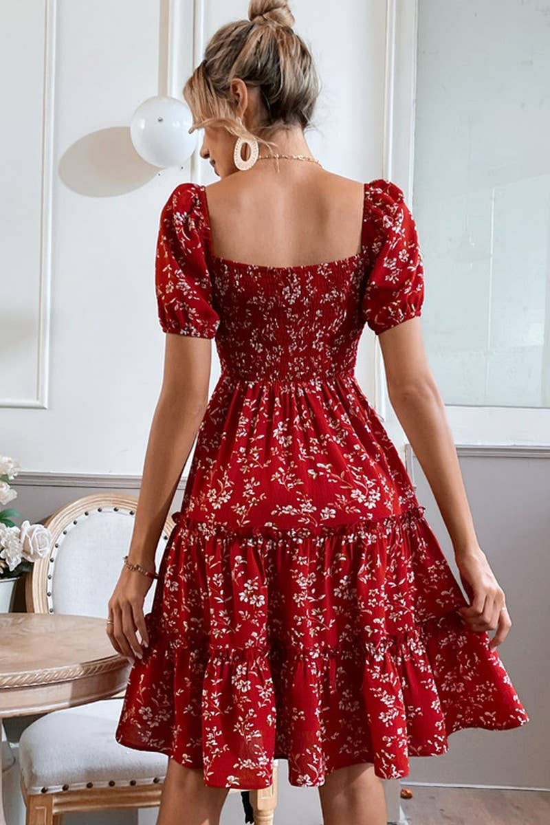 CWDSD8226_TEMPERAMENT PRINTED WAIST SHORT-SLEEVED DRESS