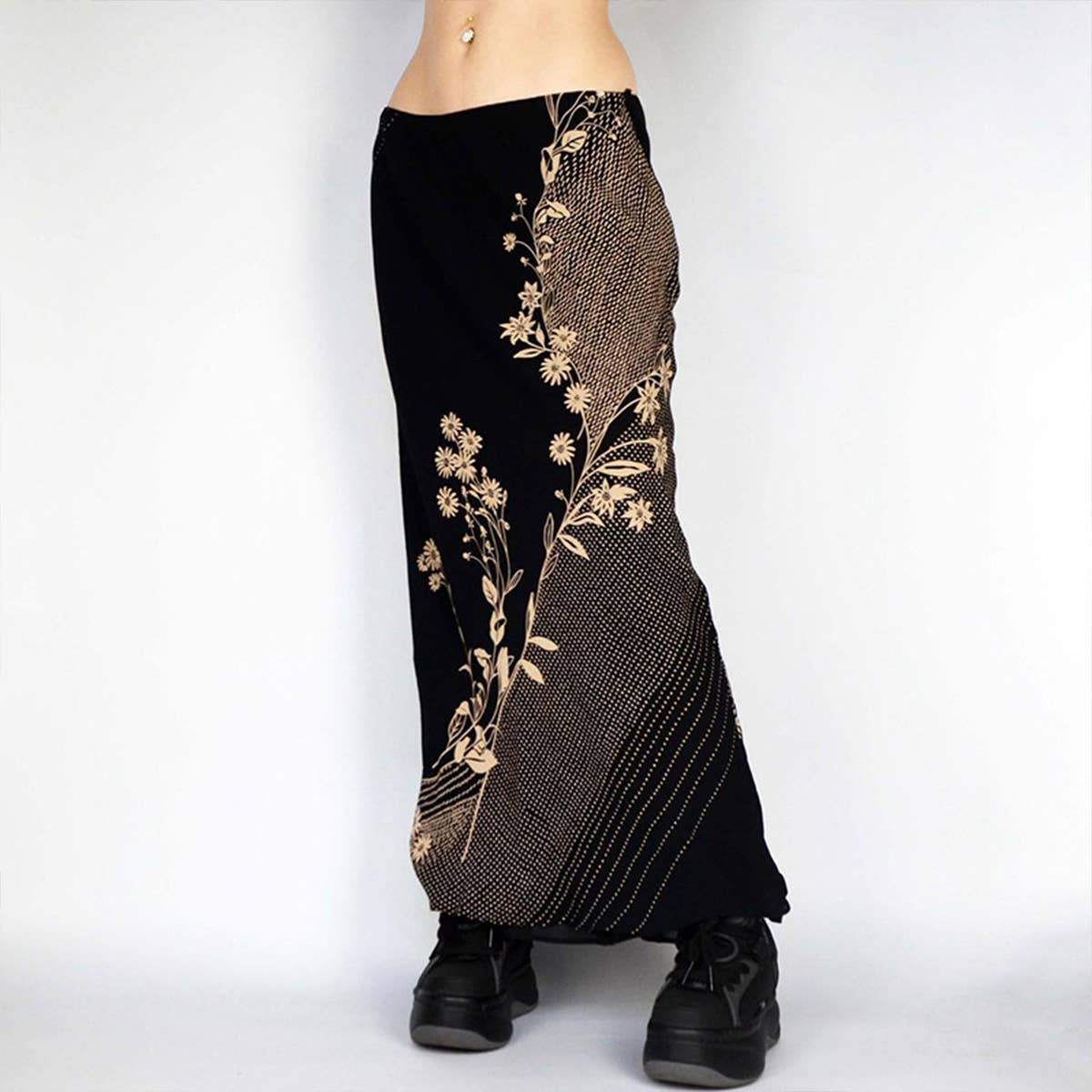 Retro Daisy printed low-waist drape long skirt