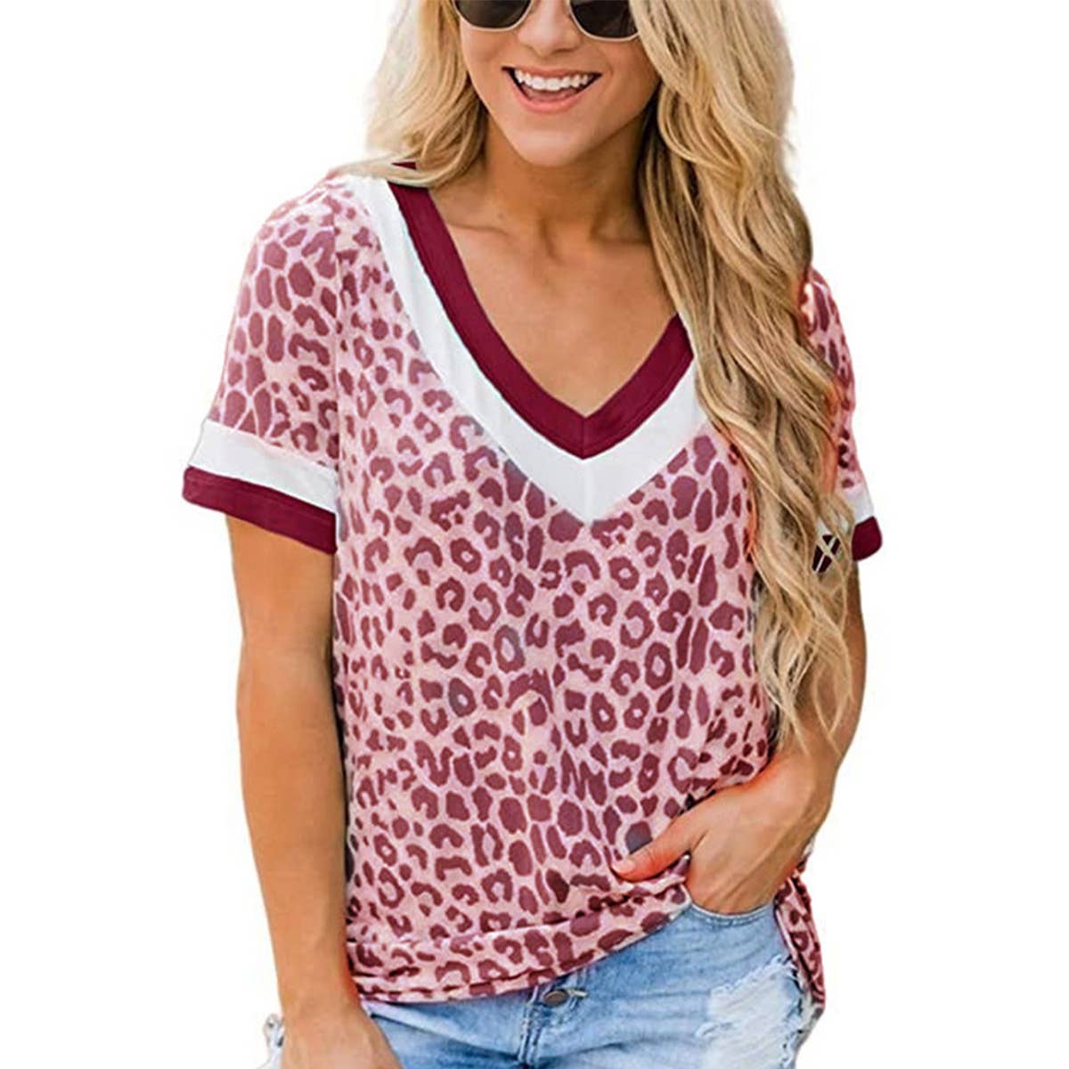 V-NECK PRINT LEOPARD T-SHIRT BLOUSE
