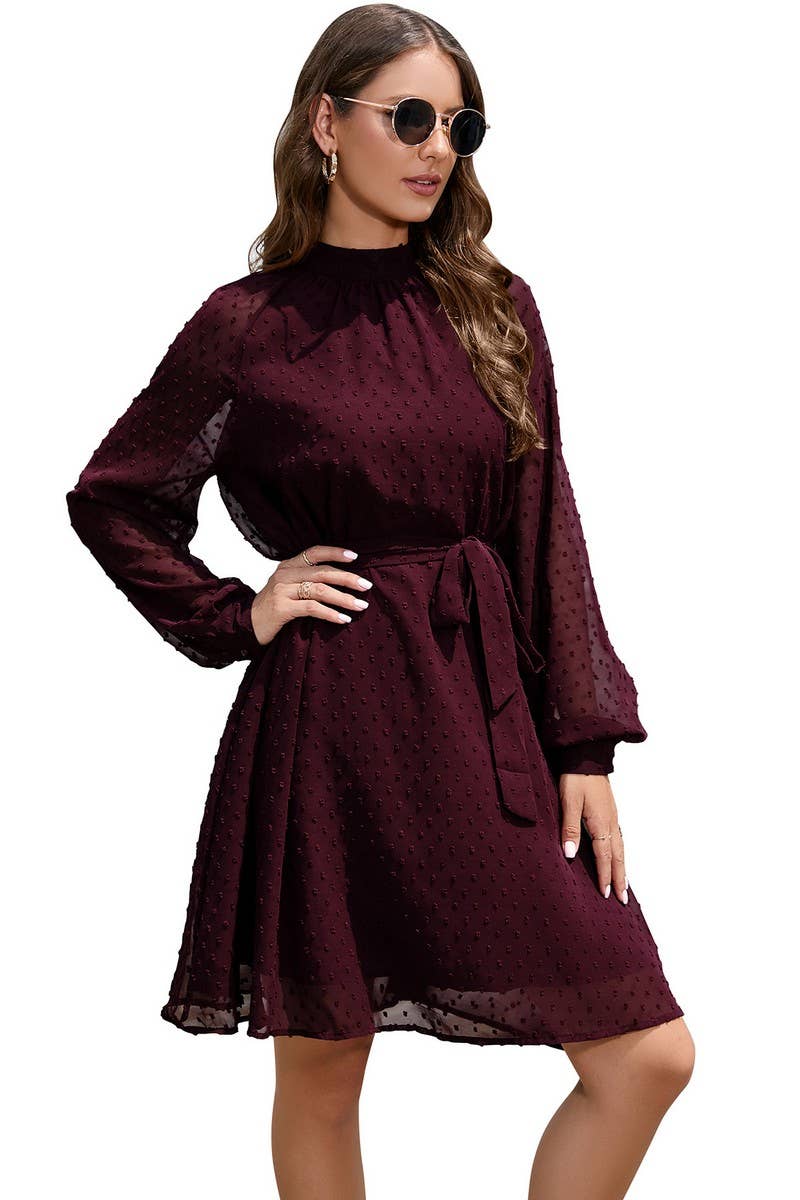 CWDSD5810_MID-NECK LONG-SLEEVED CHIFFON POMPOM BELT DRESS