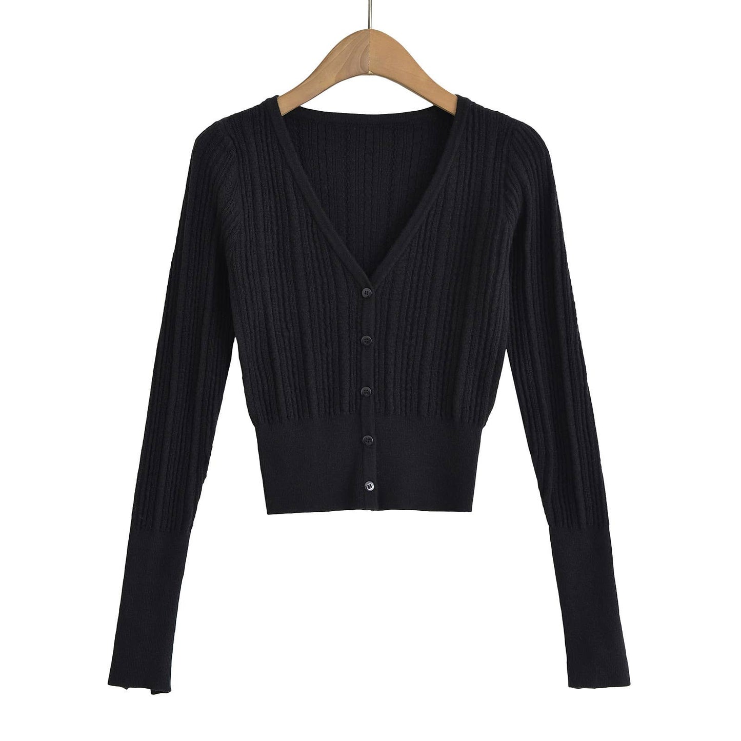 Solid-color V-neck long-sleeved knitted sweater