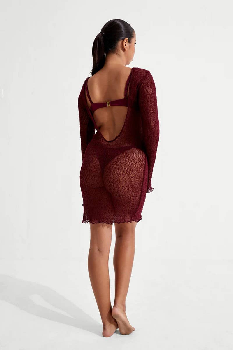 CWDSD6407_LONG SLEEVE SHEER BACKLESS SHORT KNIT DRESS