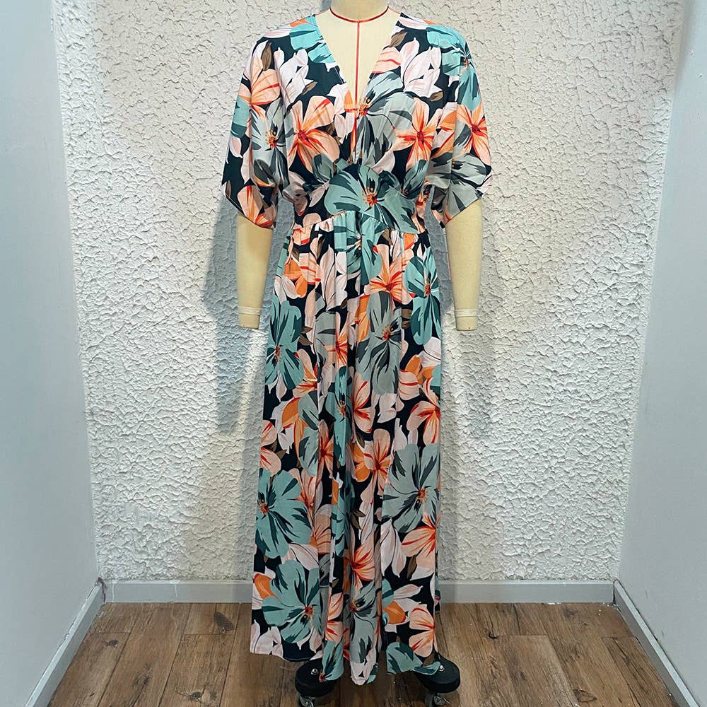 STYLISH V-NECK SLITS PRINT DRESS