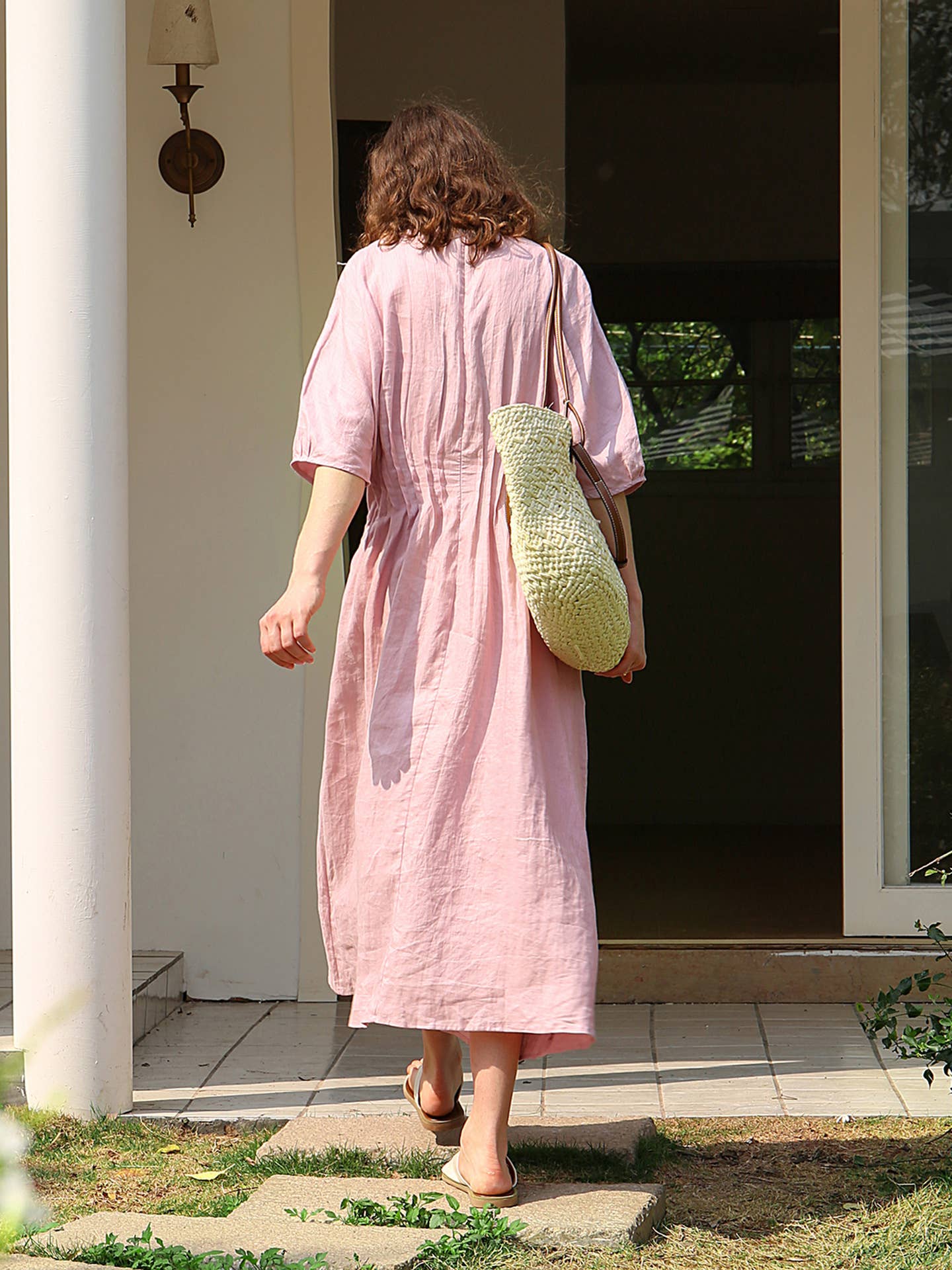 Temperament pleated solid color waist dress